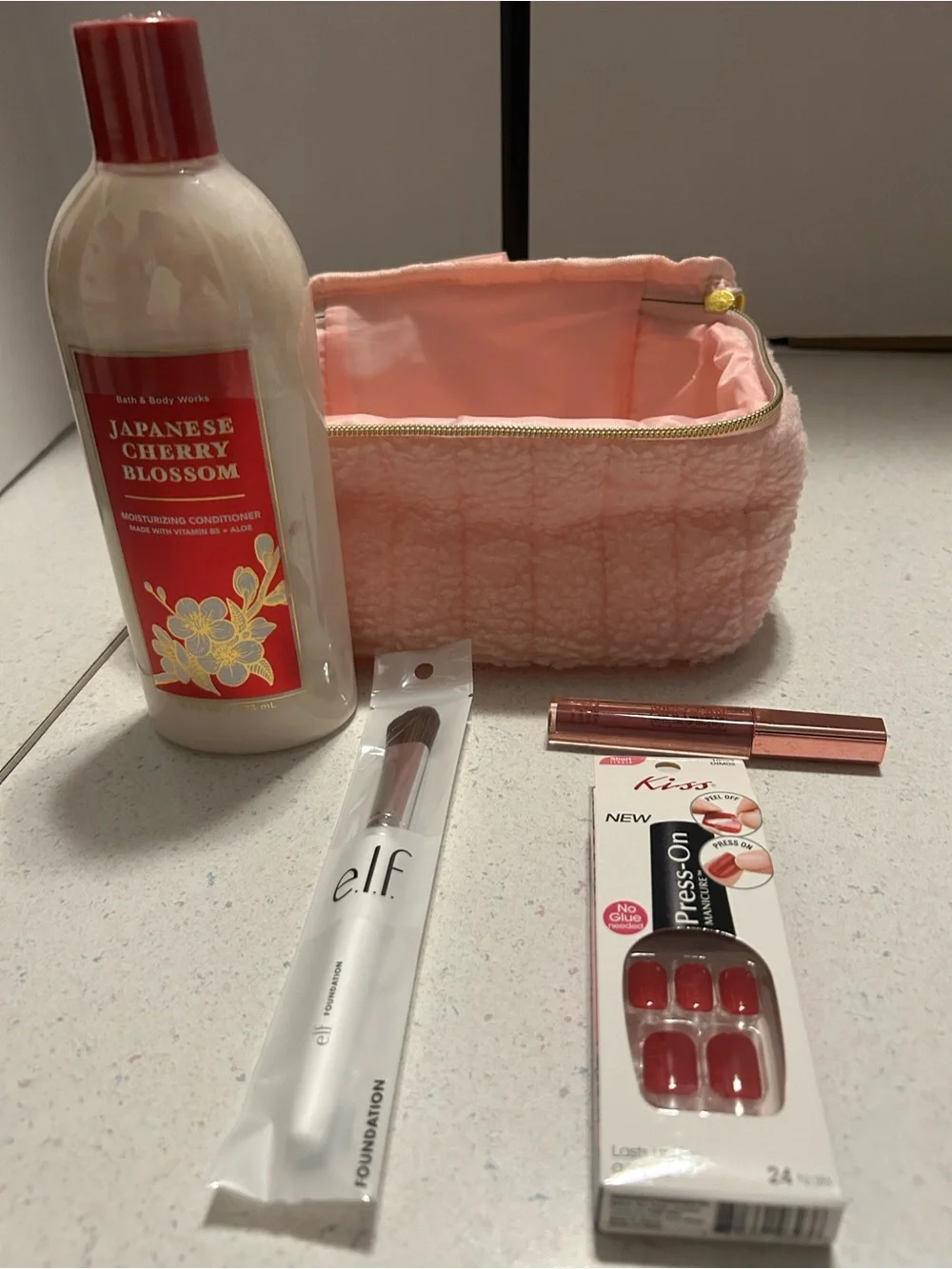 Pink Sherpa Cosmetic Train Case with Top Handle and Cosmetics